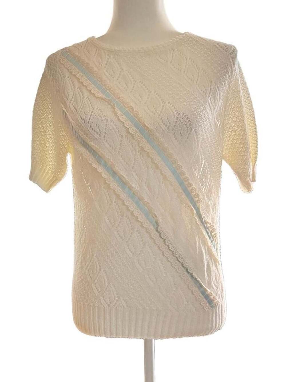 Vintage Pointelle Knit Cottage Core Sweater Cream With Blue Ribbons